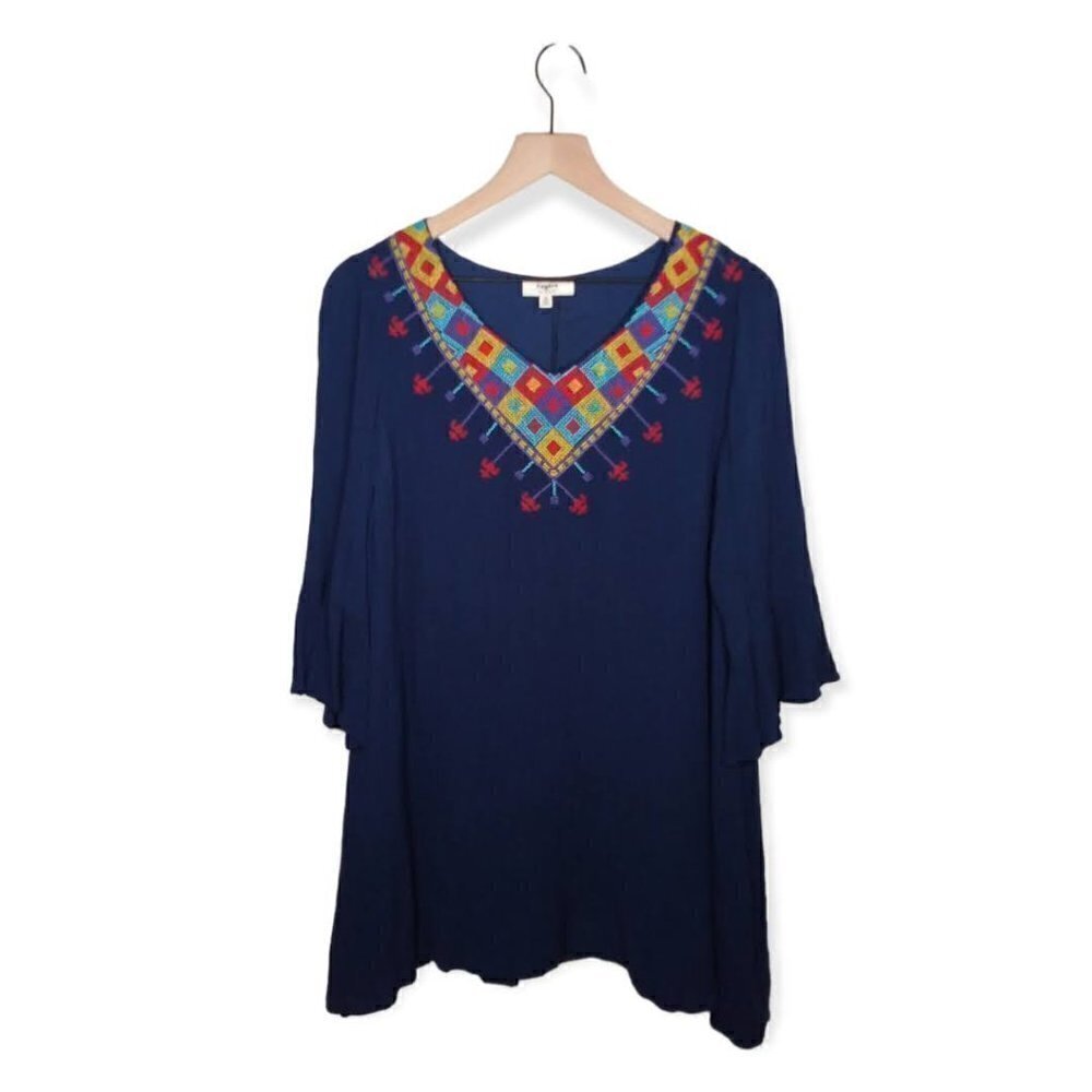 Hayden V-Neck Smocked Embroidered Tunic Bell Sleeve Top Size M